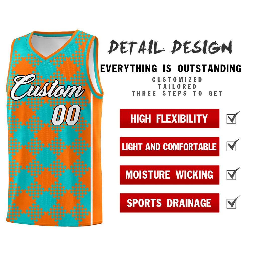 Custom Aqua Orange-White Grid Basketball Kits For Team