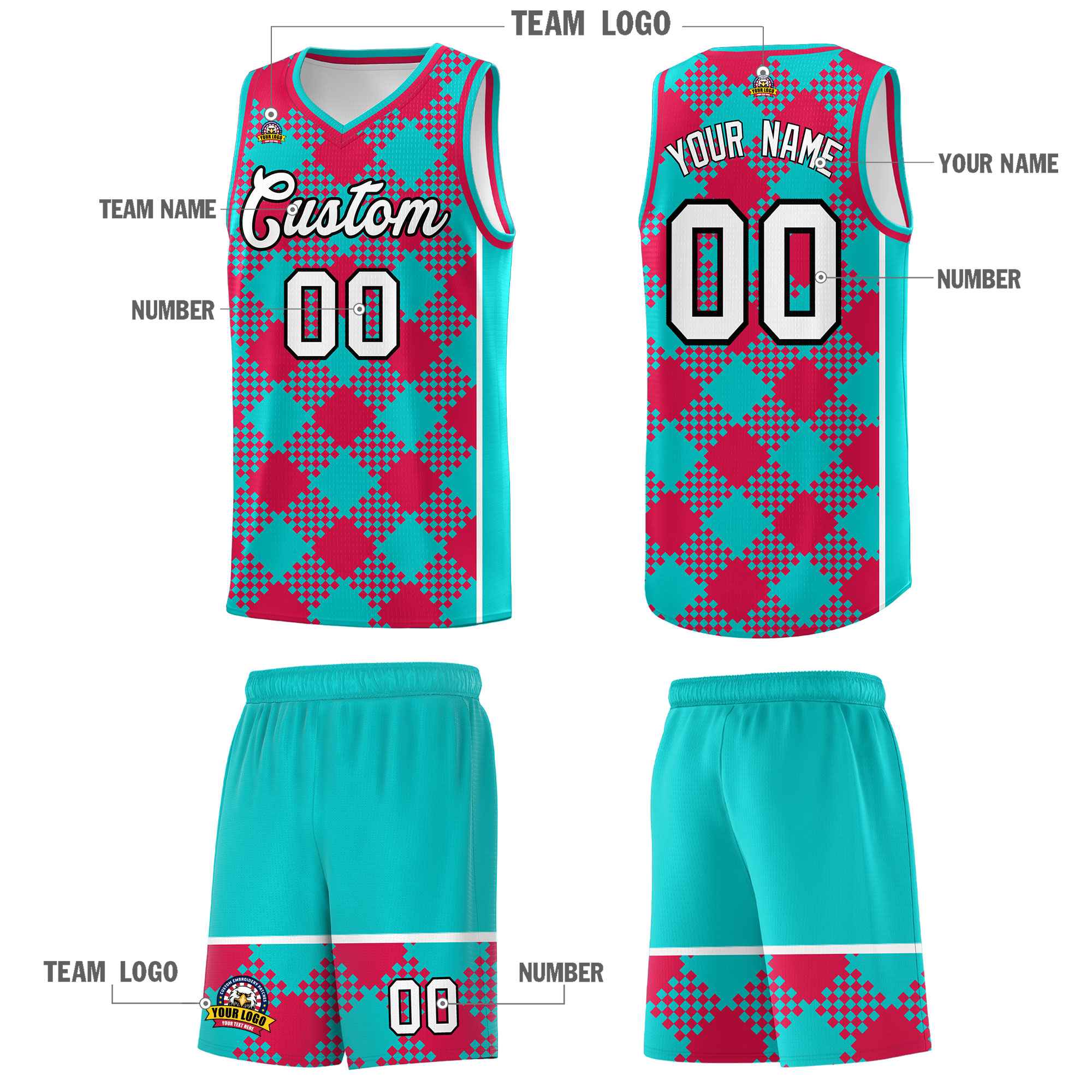Custom Aqua Red-White Grid Basketball Kits For Team