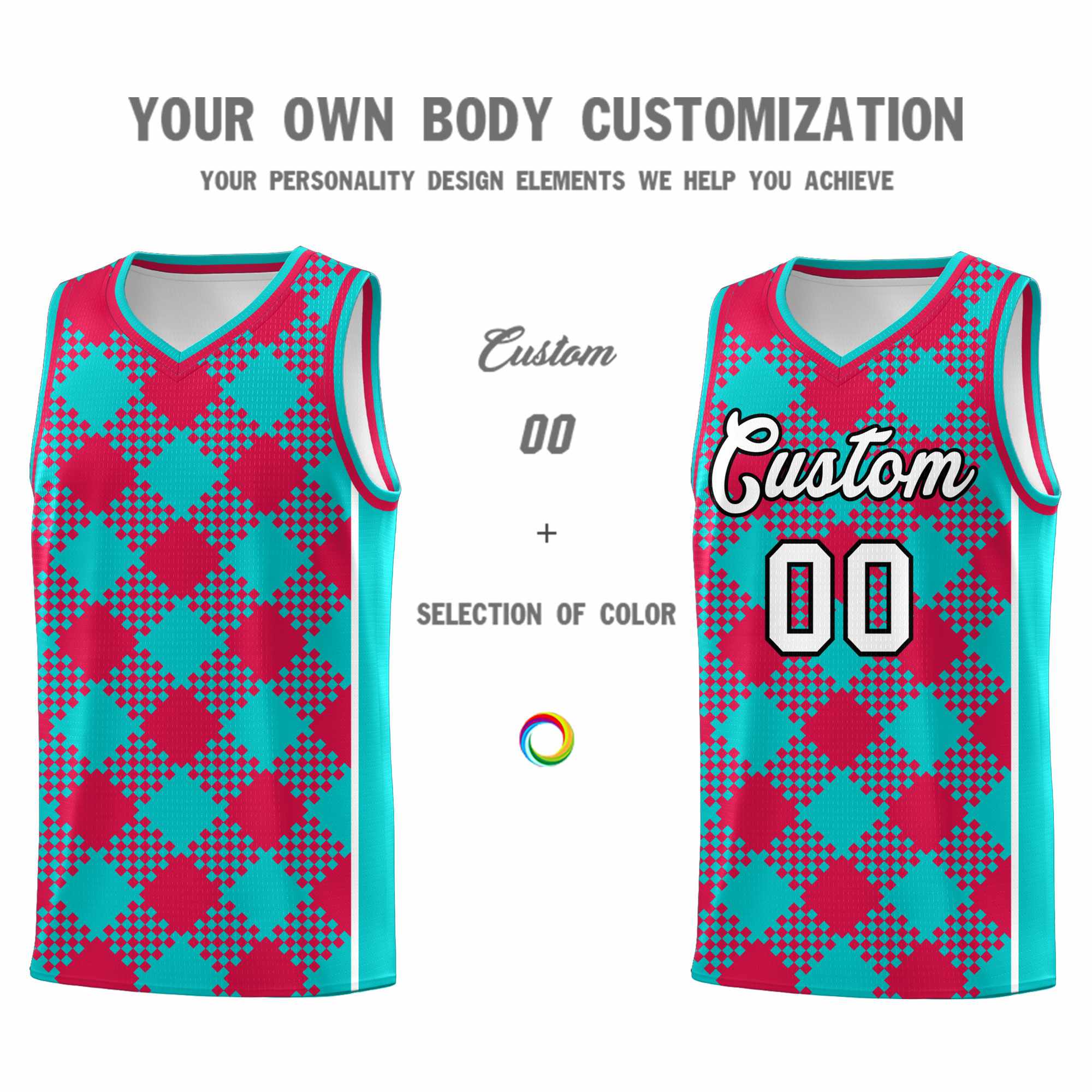 Custom Aqua Red-White Grid Basketball Kits For Team
