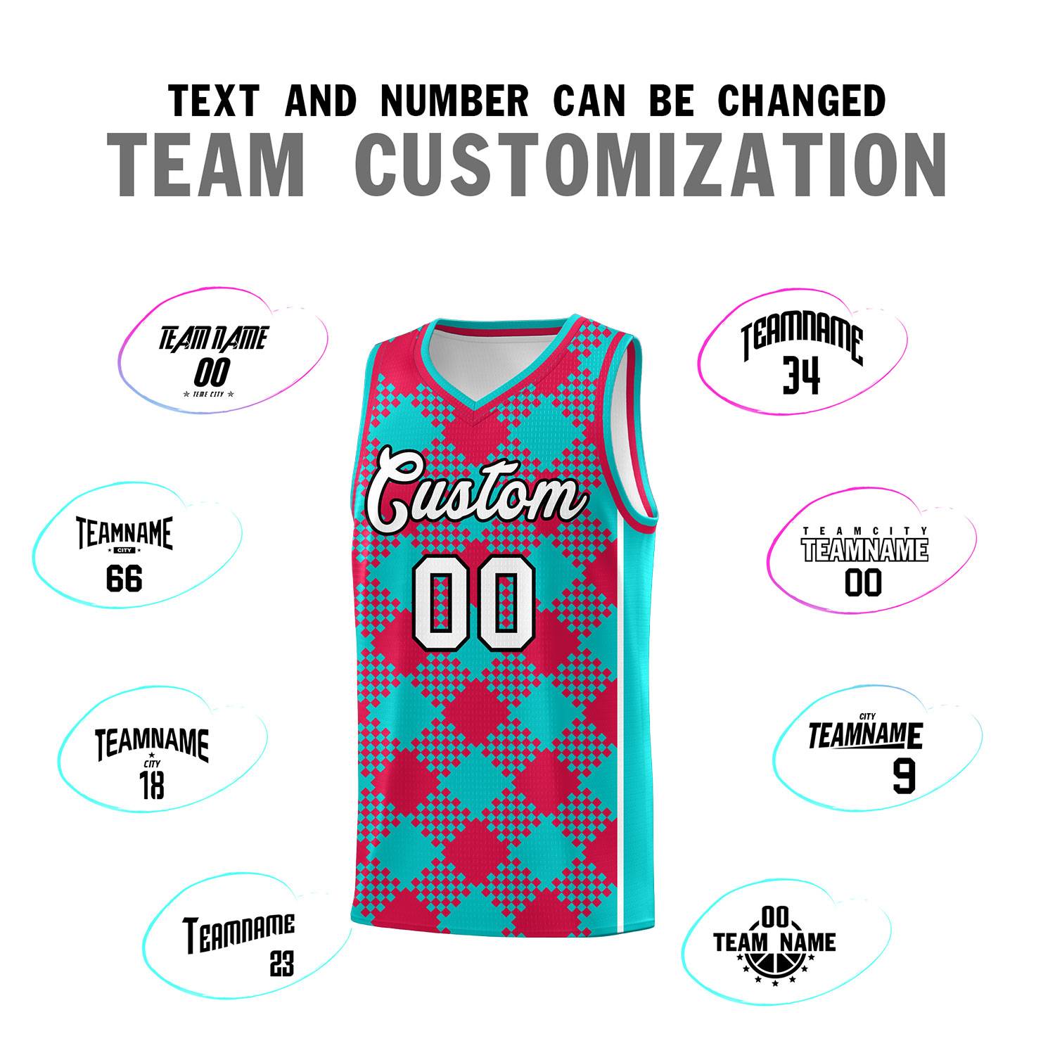 Custom Aqua Red-White Grid Basketball Kits For Team