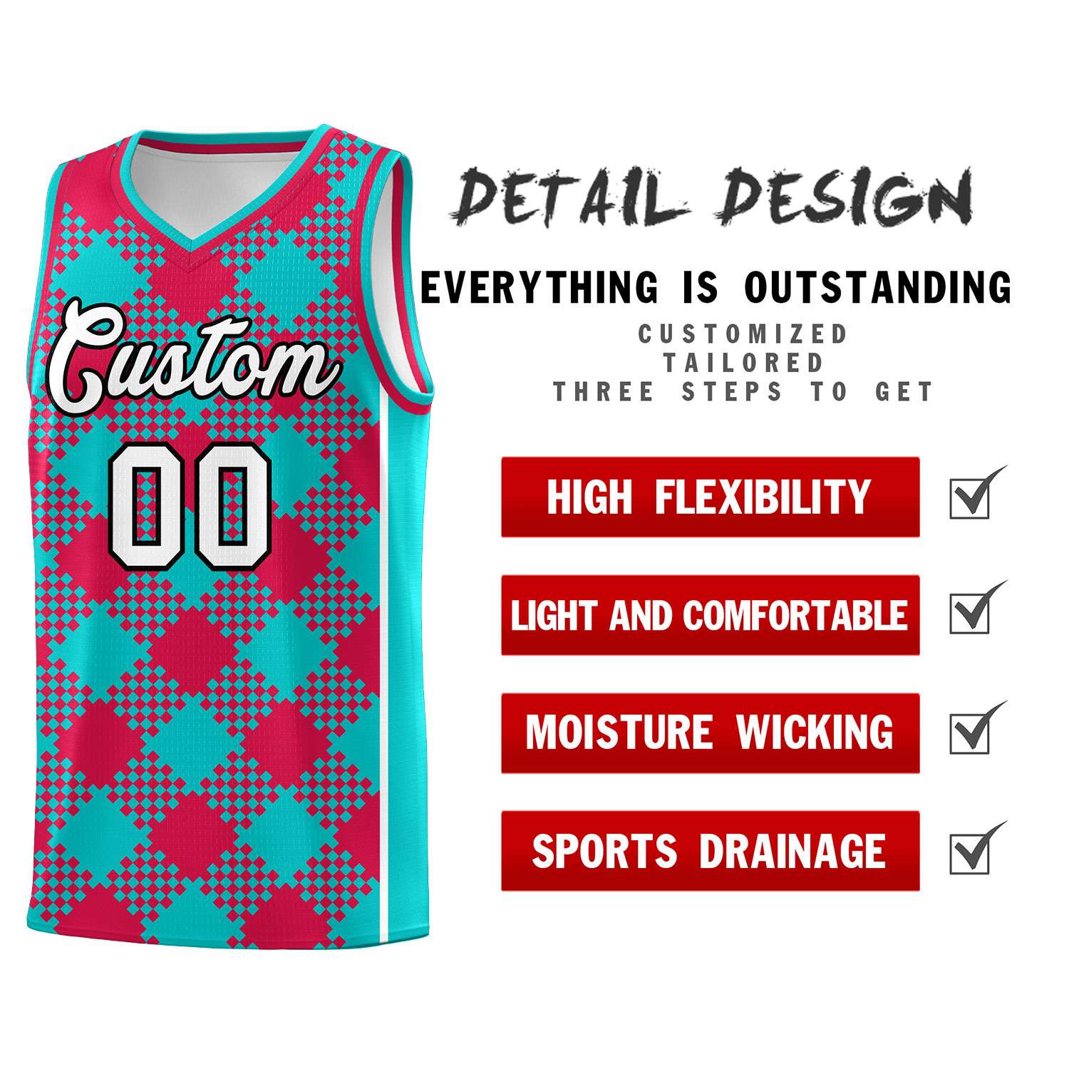 Custom Aqua Red-White Grid Basketball Kits For Team