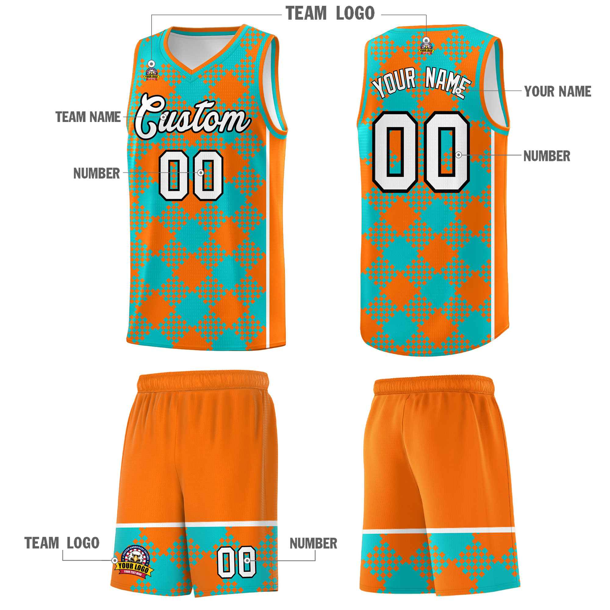 Custom Aqua Orange-White Grid Basketball Kits For Team