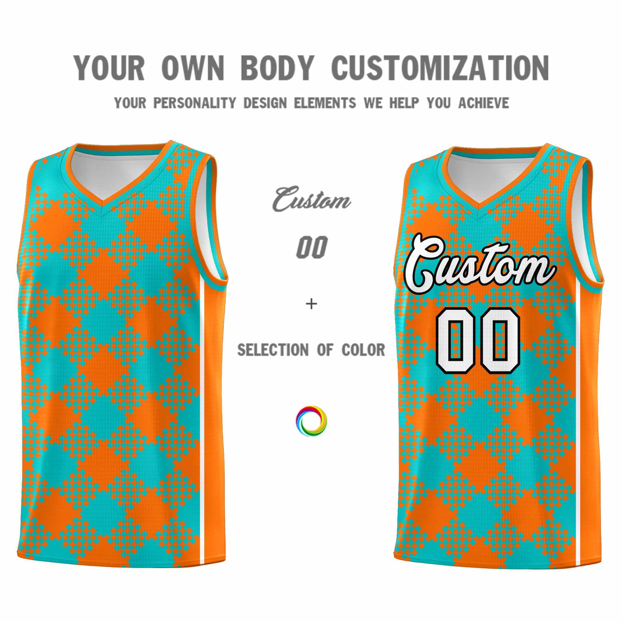 Custom Aqua Orange-White Grid Basketball Kits For Team