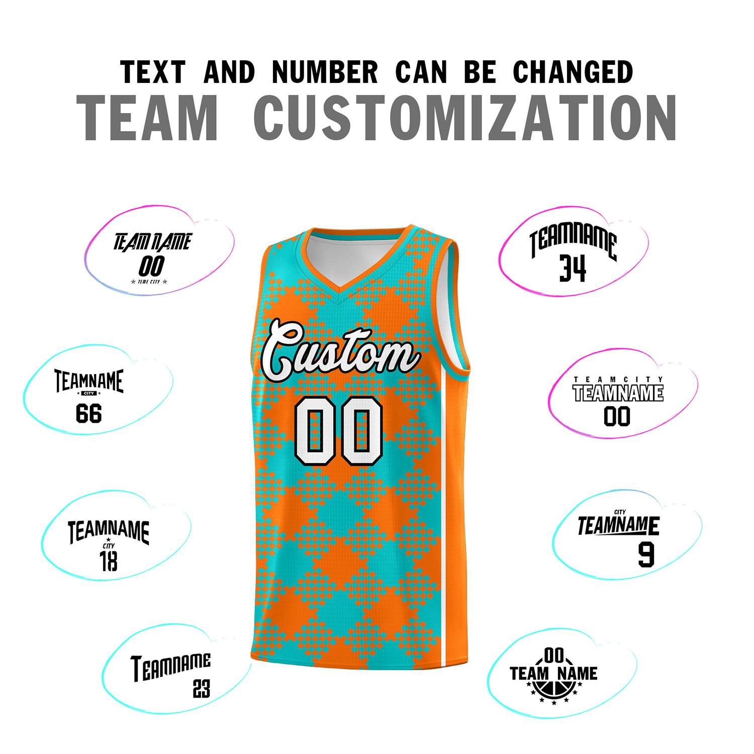Custom Aqua Orange-White Grid Basketball Kits For Team