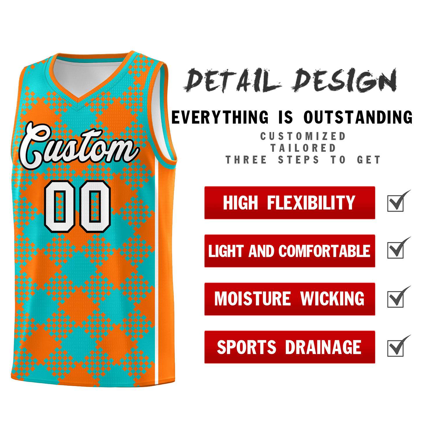 Custom Aqua Orange-White Grid Basketball Kits For Team