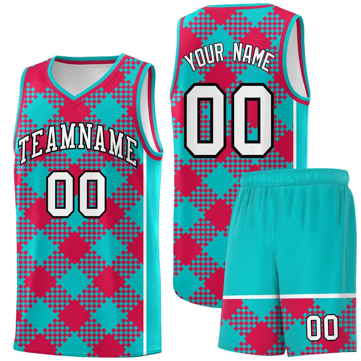 Custom Aqua Red-White Grid Basketball Kits For Team