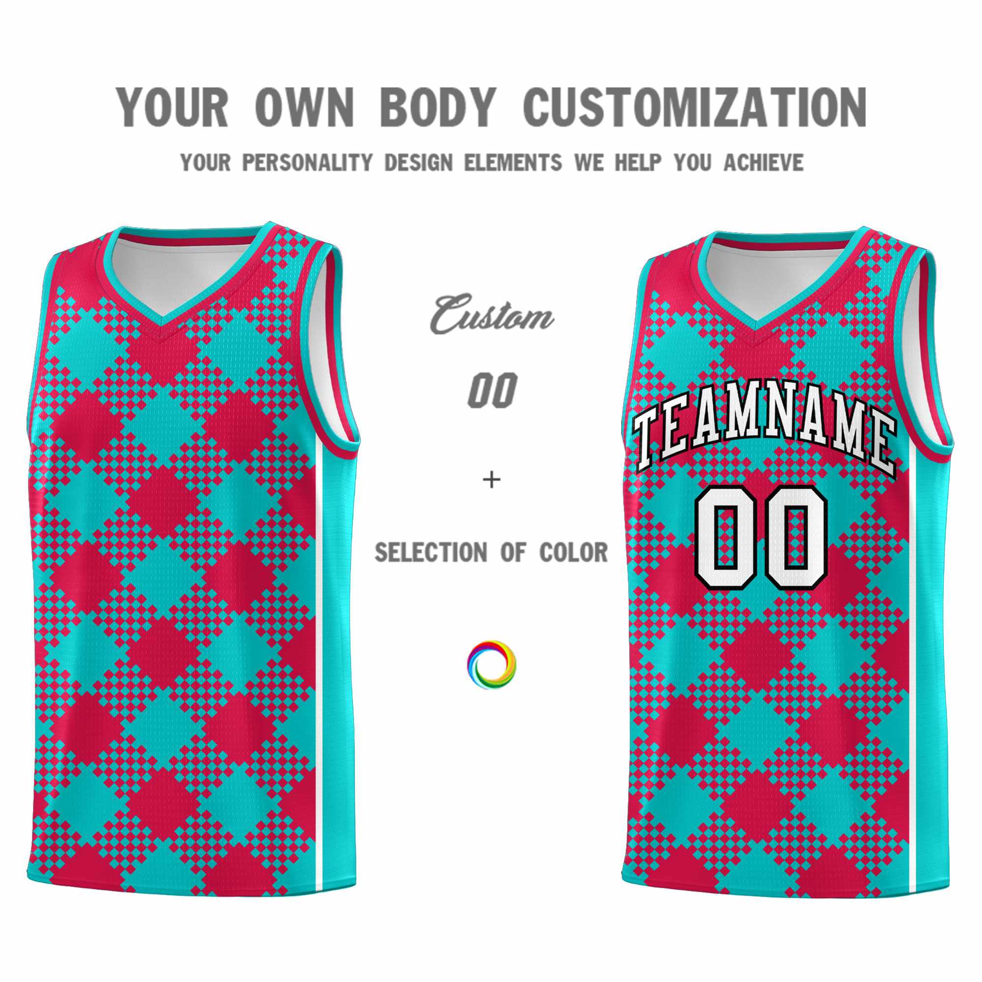 Custom Aqua Red-White Grid Basketball Kits For Team
