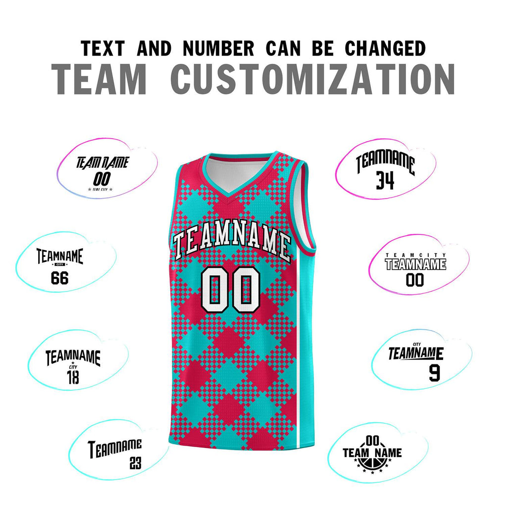 Custom Aqua Red-White Grid Basketball Kits For Team