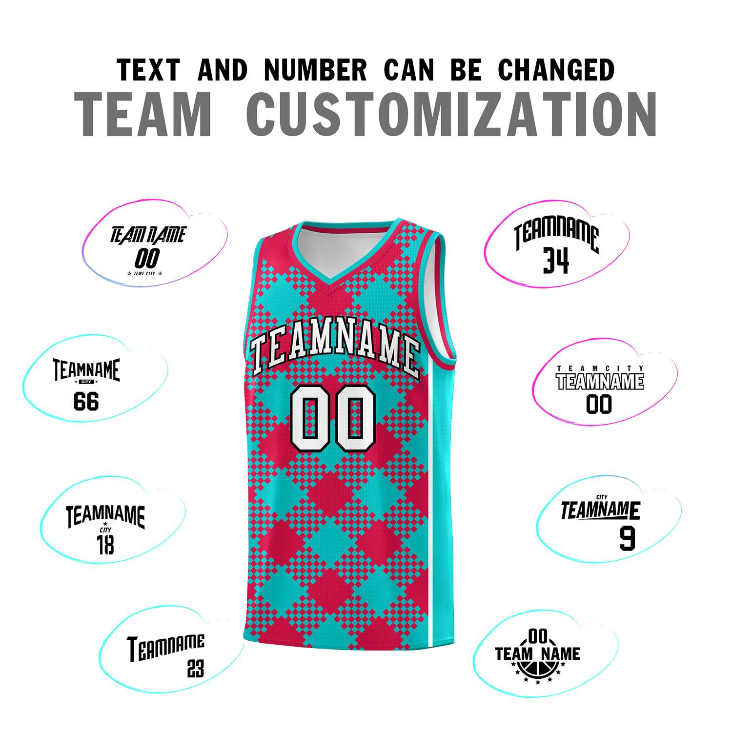 Custom Aqua Red-White Grid Basketball Kits For Team