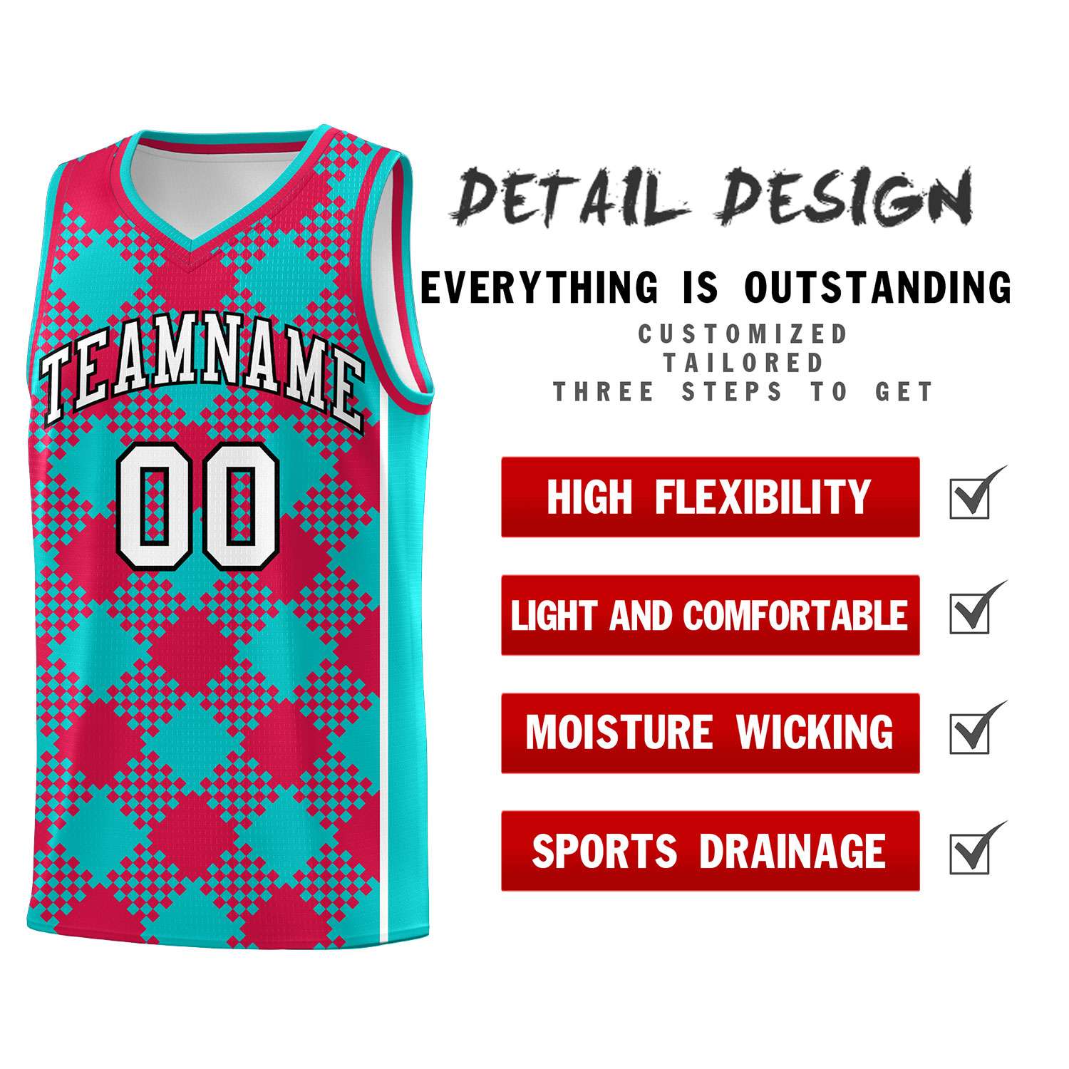 Custom Aqua Red-White Grid Basketball Kits For Team