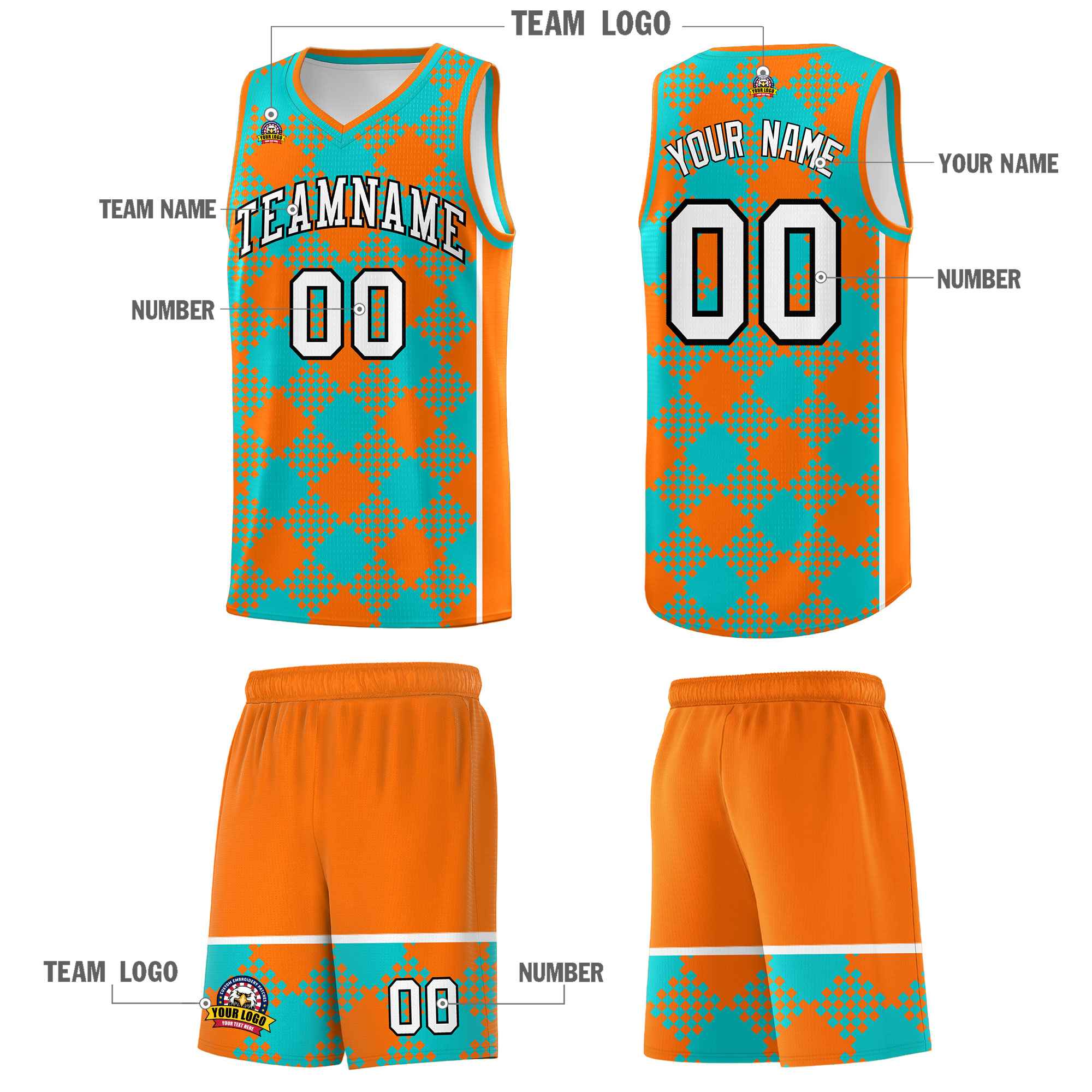 Custom Aqua Orange-White Grid Basketball Kits For Team