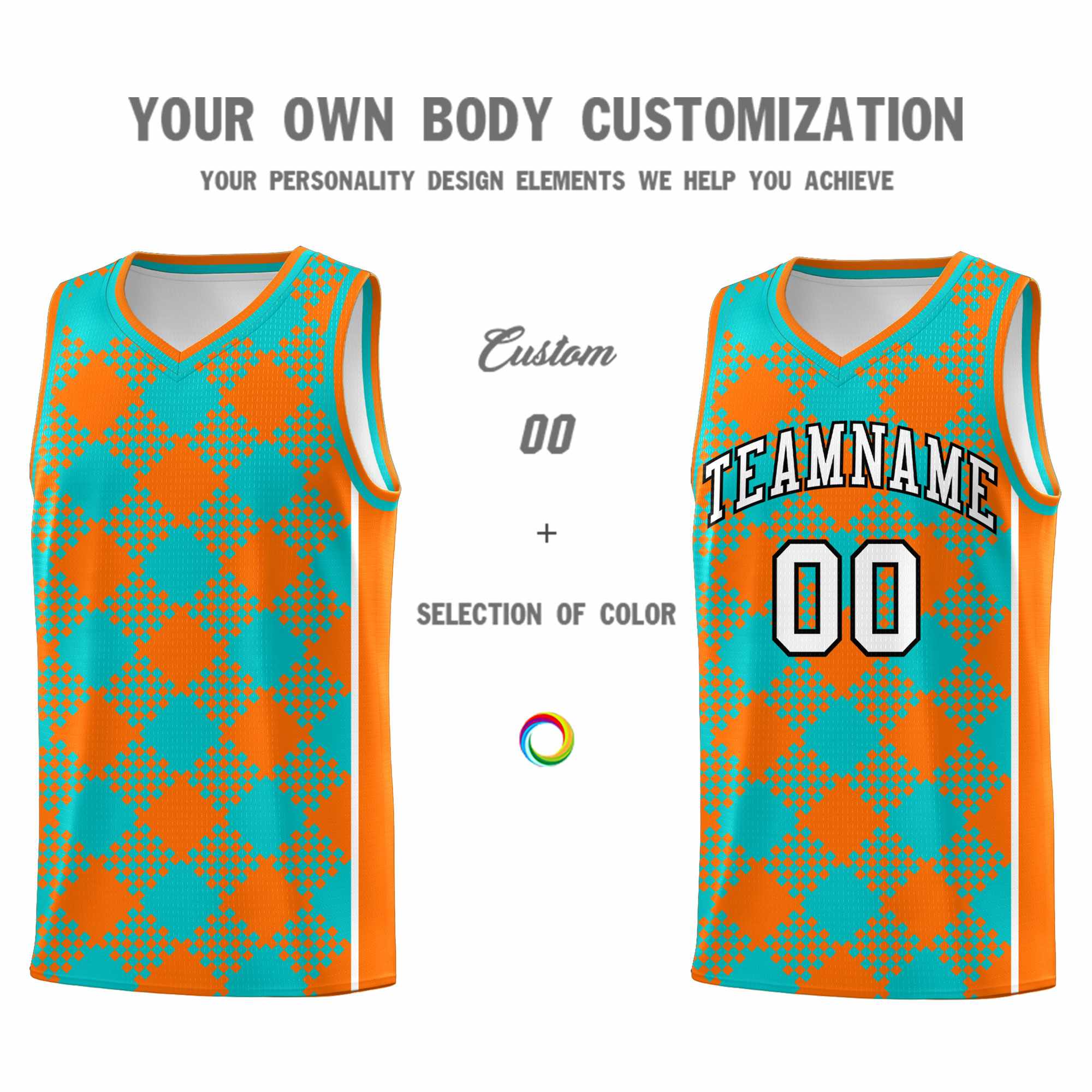 Custom Aqua Orange-White Grid Basketball Kits For Team
