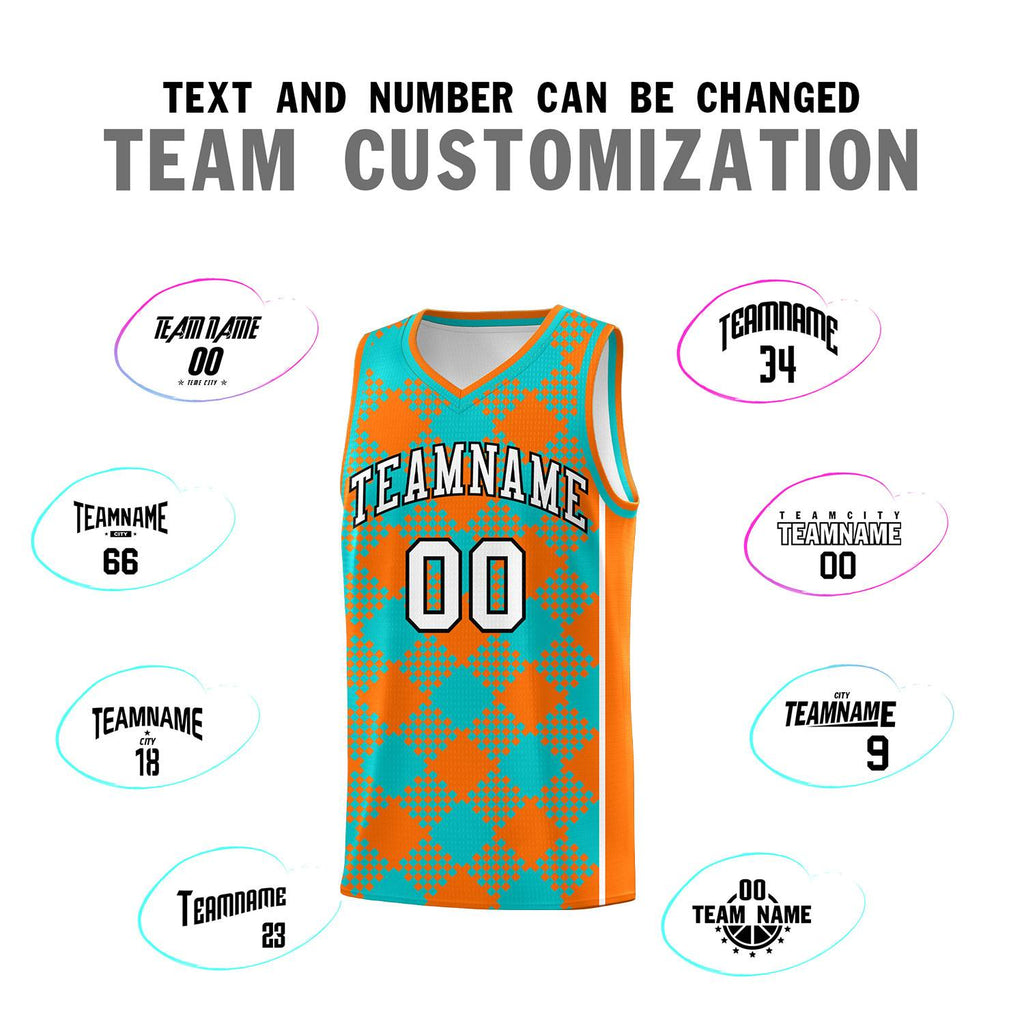 Custom Aqua Orange-White Grid Basketball Kits For Team