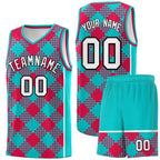 Custom Aqua Red-White Grid Basketball Kits For Team