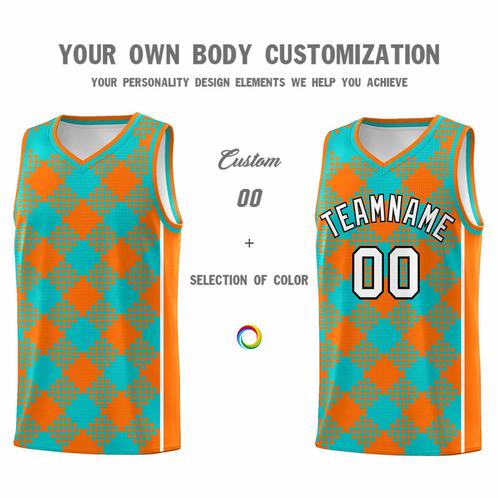 Custom Aqua Orange-White Grid Basketball Kits For Team