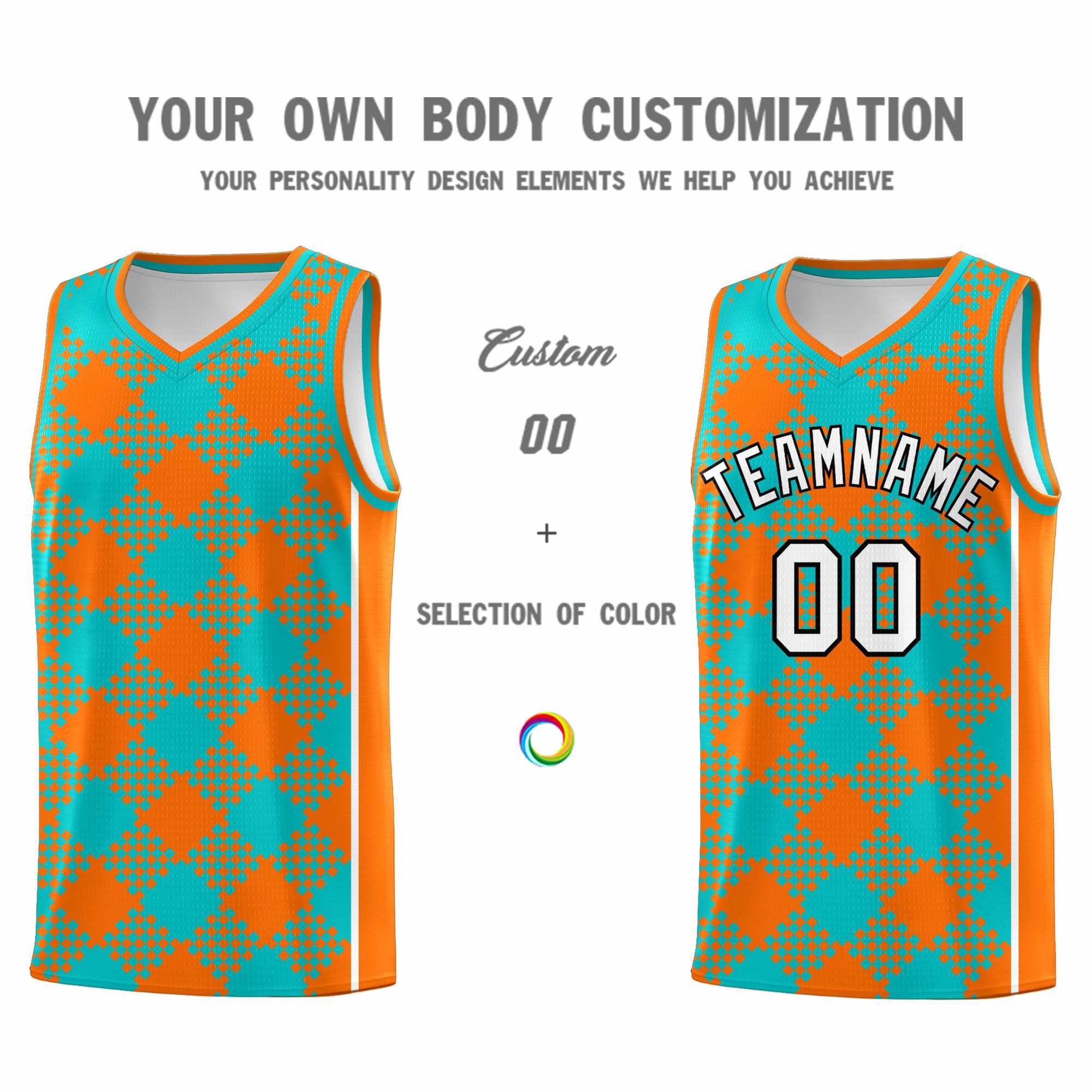 Custom Aqua Orange-White Grid Basketball Kits For Team