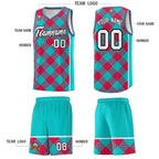 Custom Aqua Red-White Grid Basketball Kits For Team