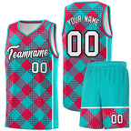 Custom Aqua Red-White Grid Basketball Kits For Team