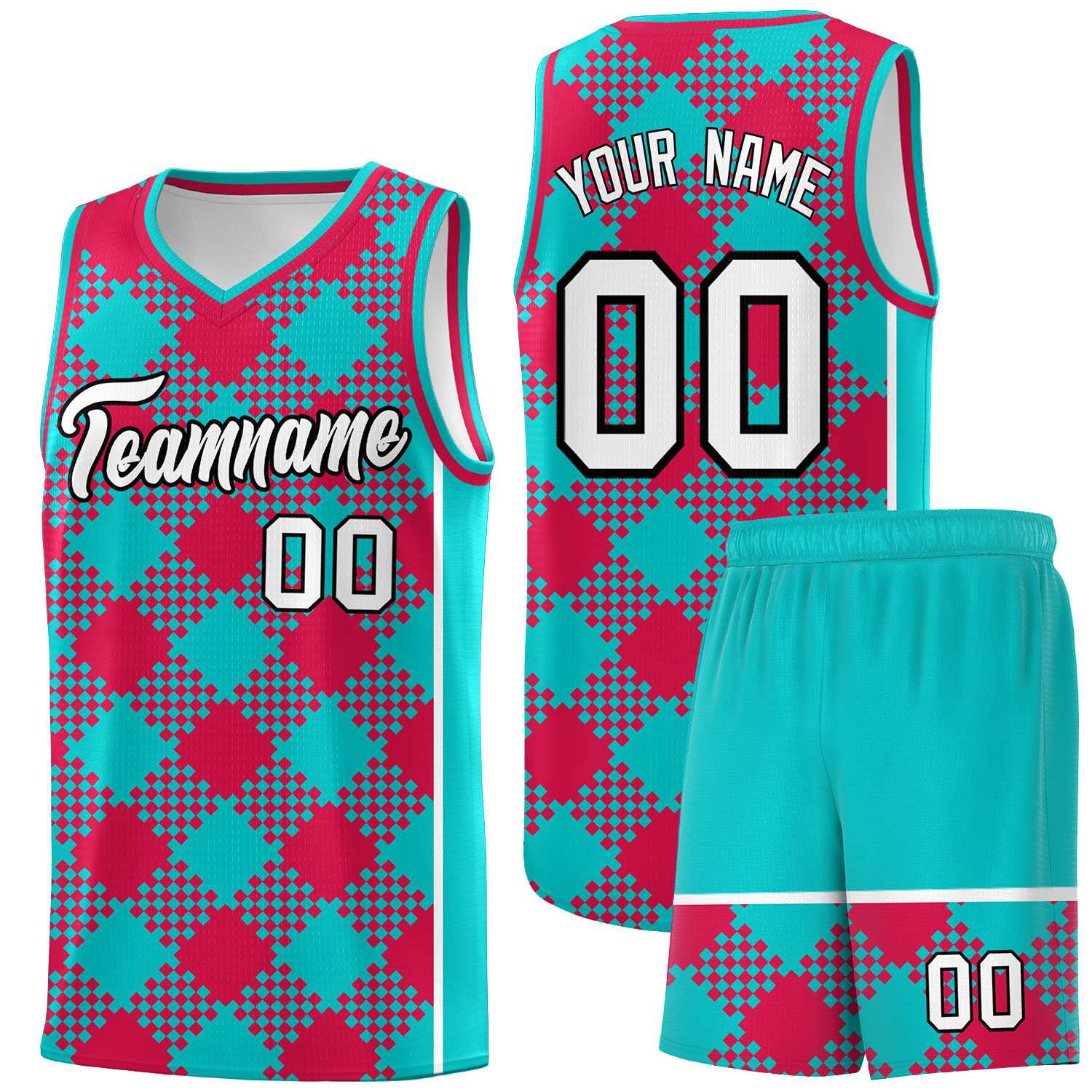 Custom Aqua Red-White Grid Basketball Kits For Team