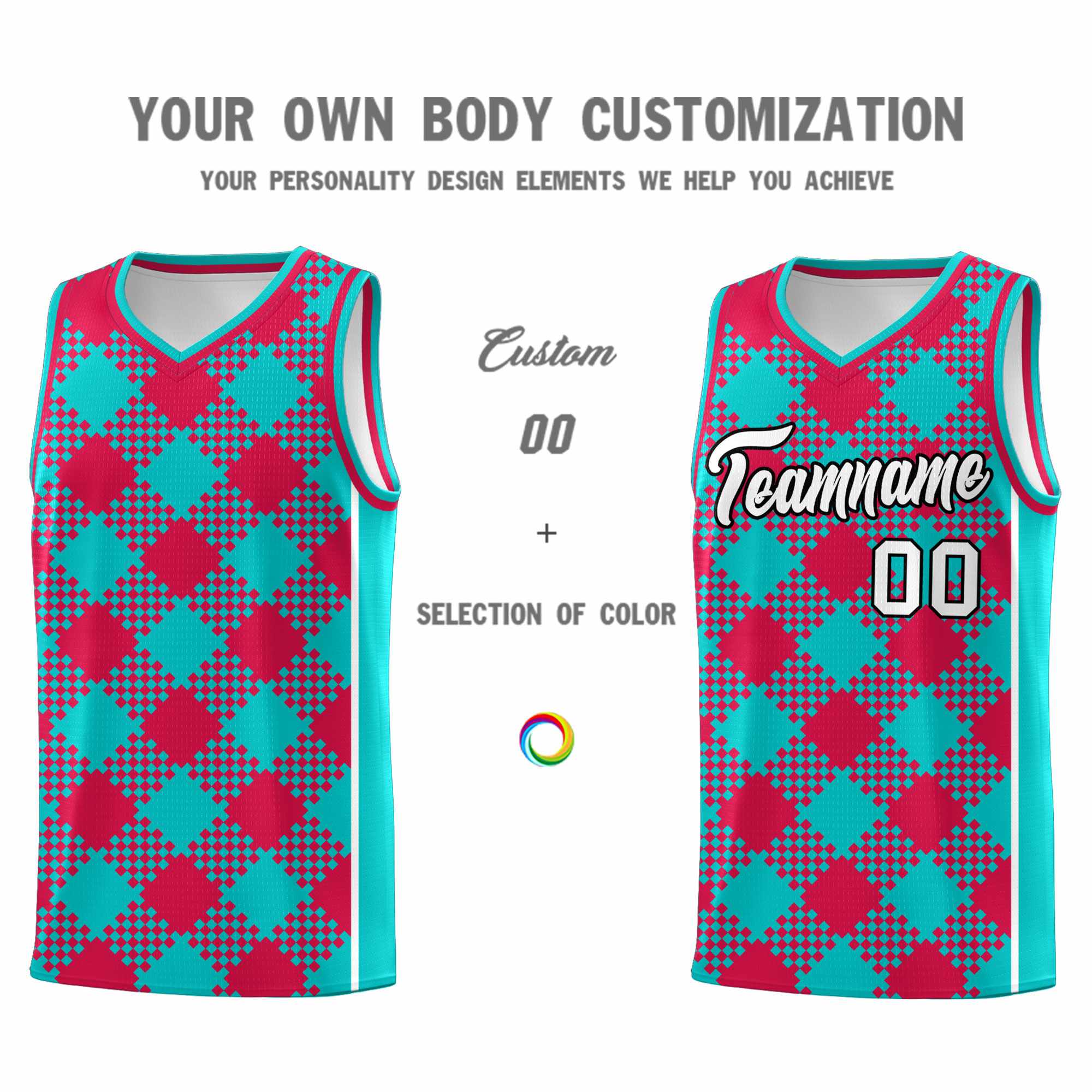 Custom Aqua Red-White Grid Basketball Kits For Team