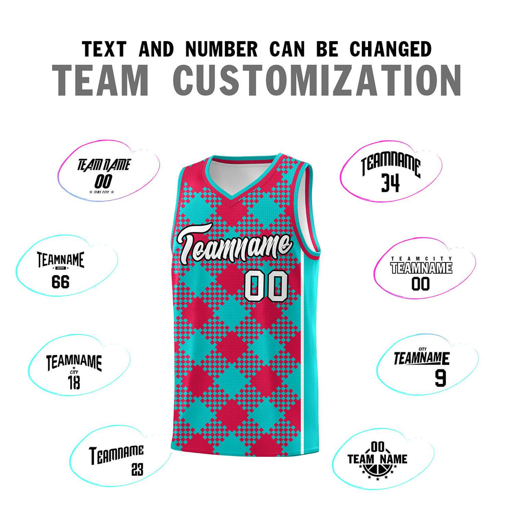 Custom Aqua Red-White Grid Basketball Kits For Team