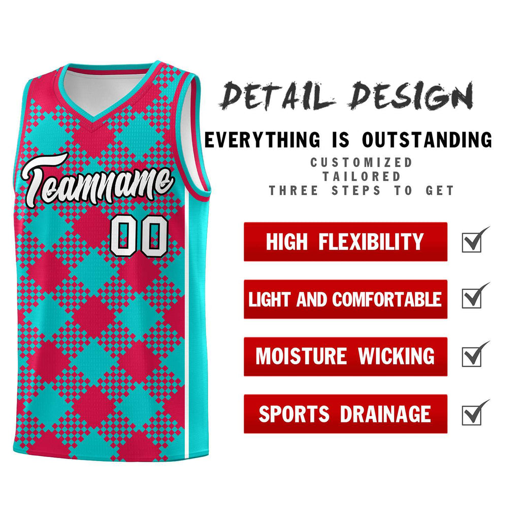 Custom Aqua Red-White Grid Basketball Kits For Team