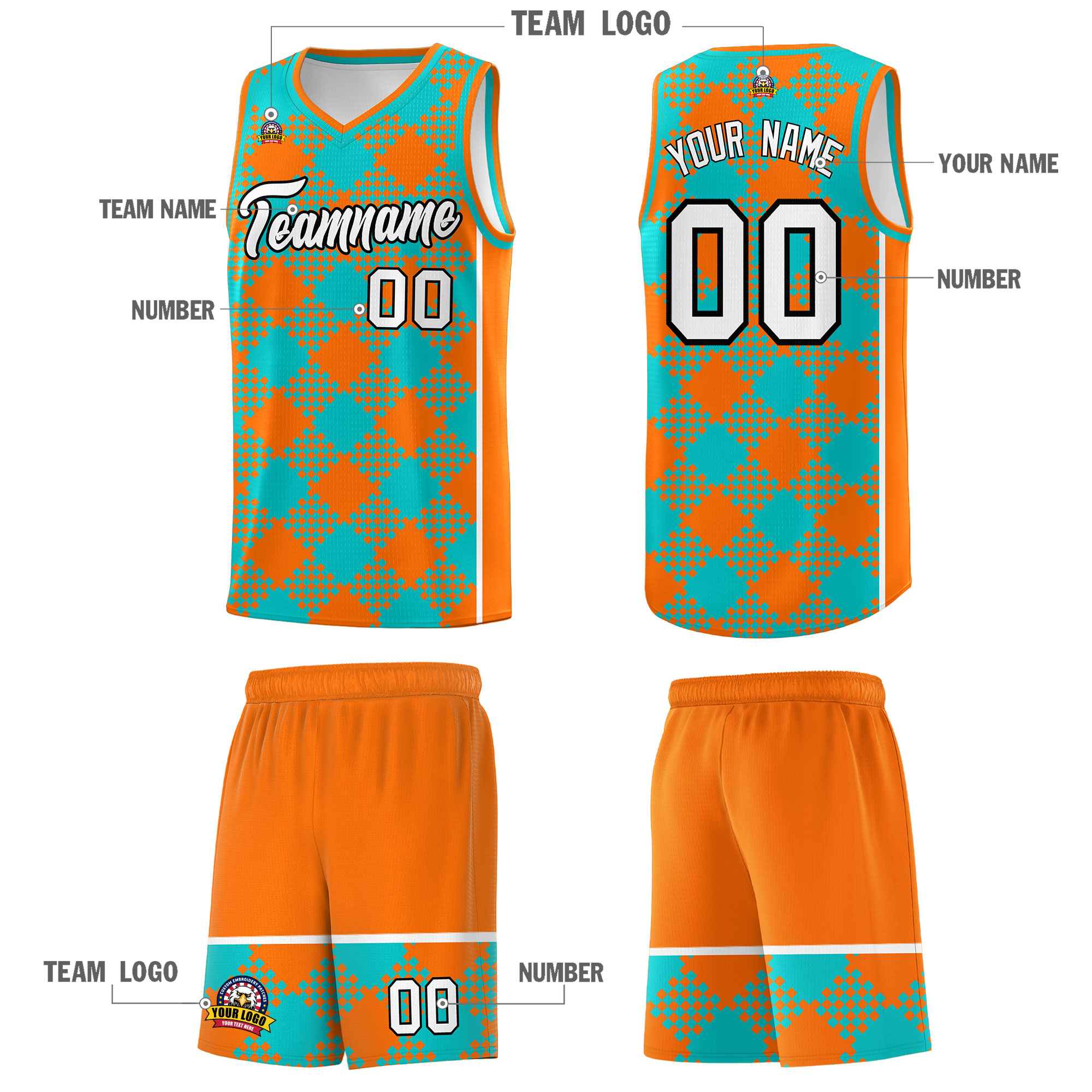 Custom Aqua Orange-White Grid Basketball Kits For Team