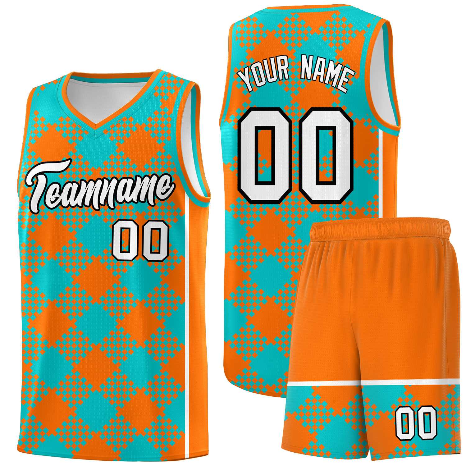 Custom Aqua Orange-White Grid Basketball Kits For Team
