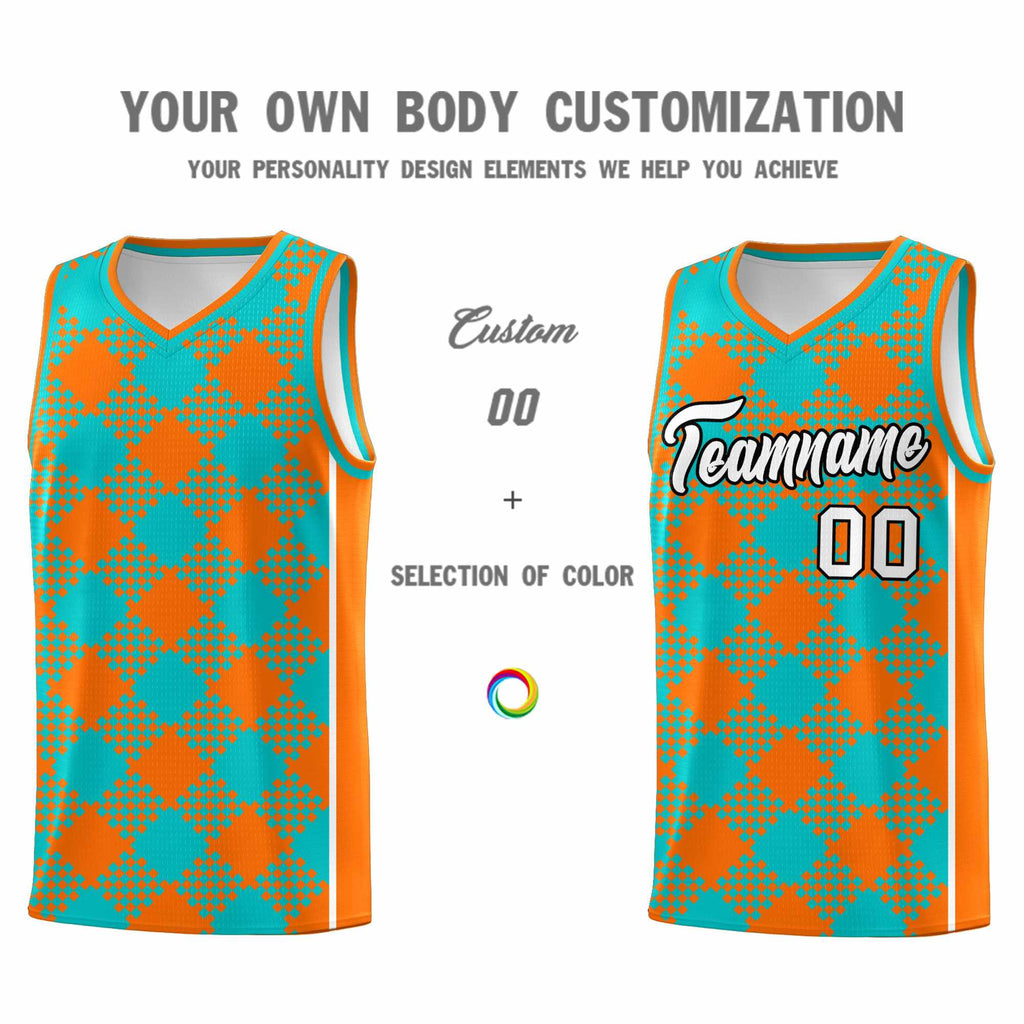 Custom Aqua Orange-White Grid Basketball Kits For Team