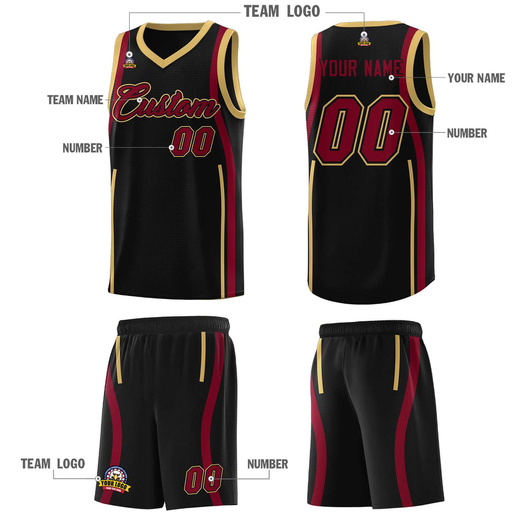 Custom Black Crimson-Old Gold Ribbon Pattern Basketball Kits