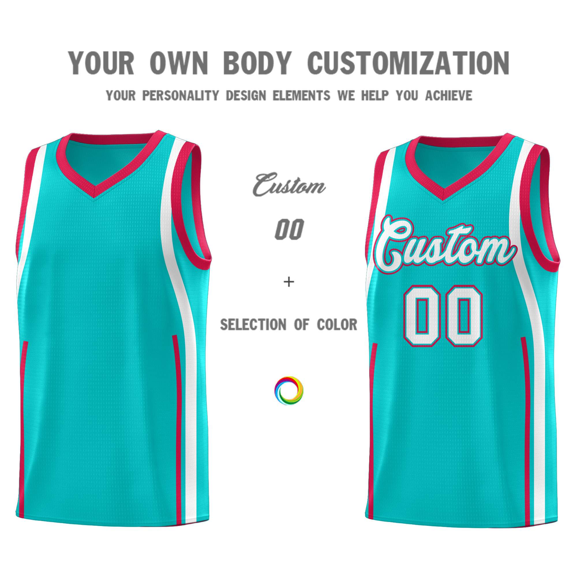 Custom Aqua Red-White Ribbon Pattern Basketball Kits