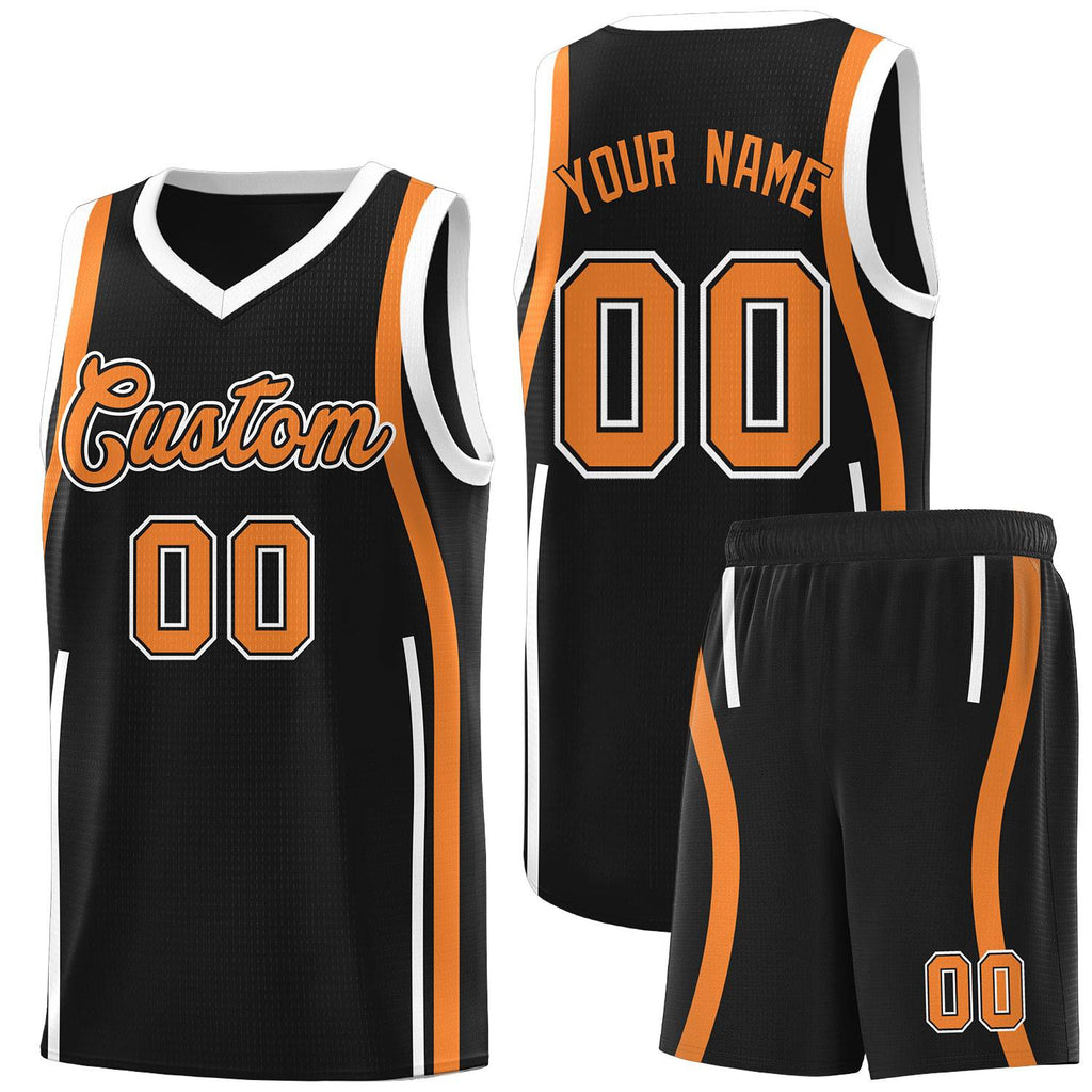 Custom Black Gold Orange-White Ribbon Pattern Basketball Kits