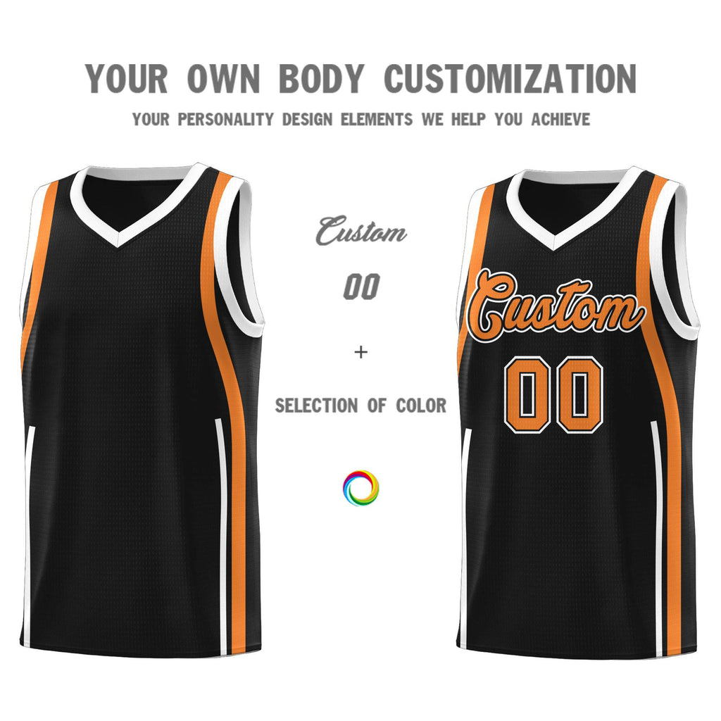 Custom Black Gold Orange-White Ribbon Pattern Basketball Kits