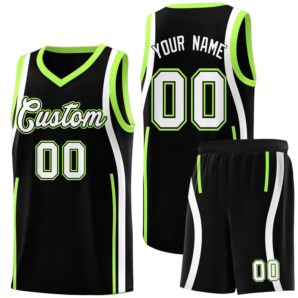 Custom Black Fluorescent Green-White Ribbon Pattern Basketball Kits
