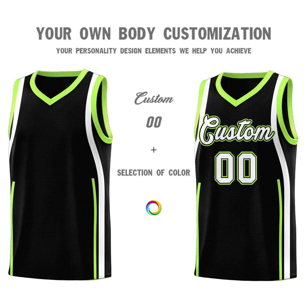 Custom Black Fluorescent Green-White Ribbon Pattern Basketball Kits