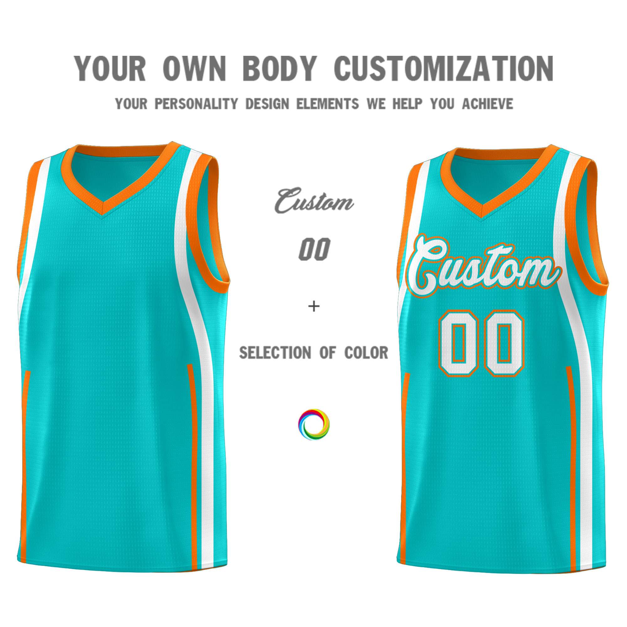 Custom Aqua Orange-White Ribbon Pattern Basketball Kits