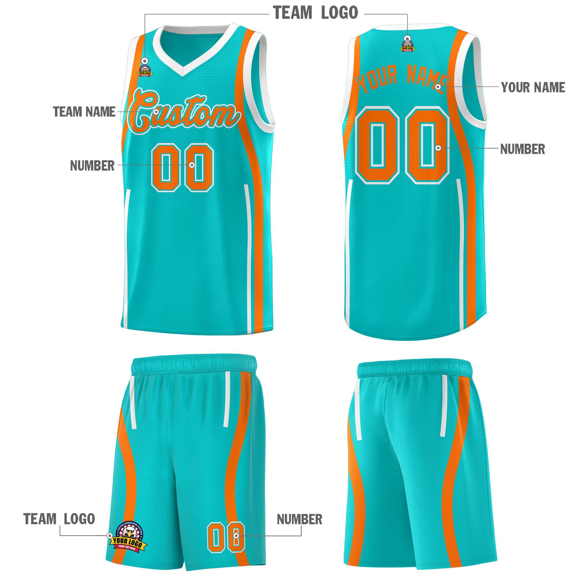 Custom Aqua Orange-White Ribbon Pattern Basketball Kits