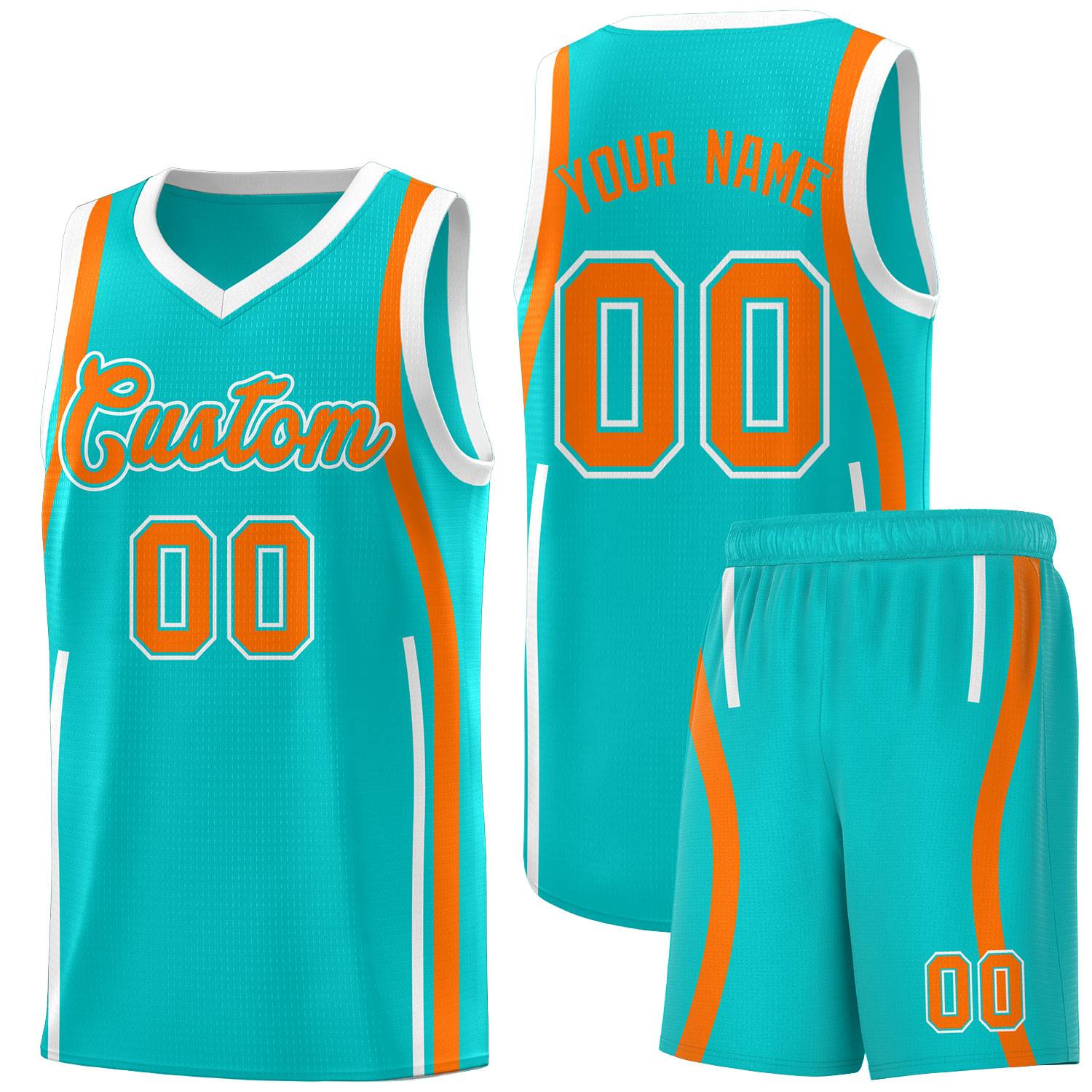 Custom Aqua Orange-White Ribbon Pattern Basketball Kits