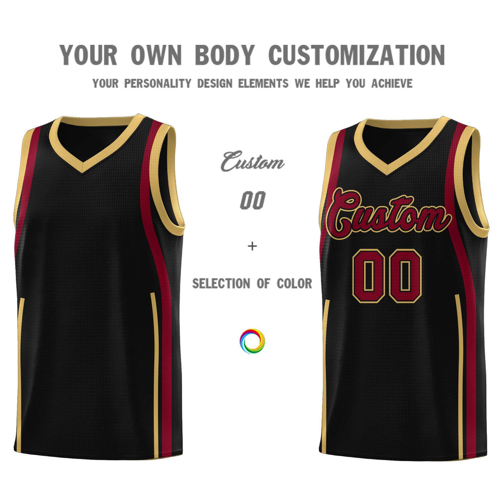 Custom Black Crimson-Old Gold Ribbon Pattern Basketball Kits