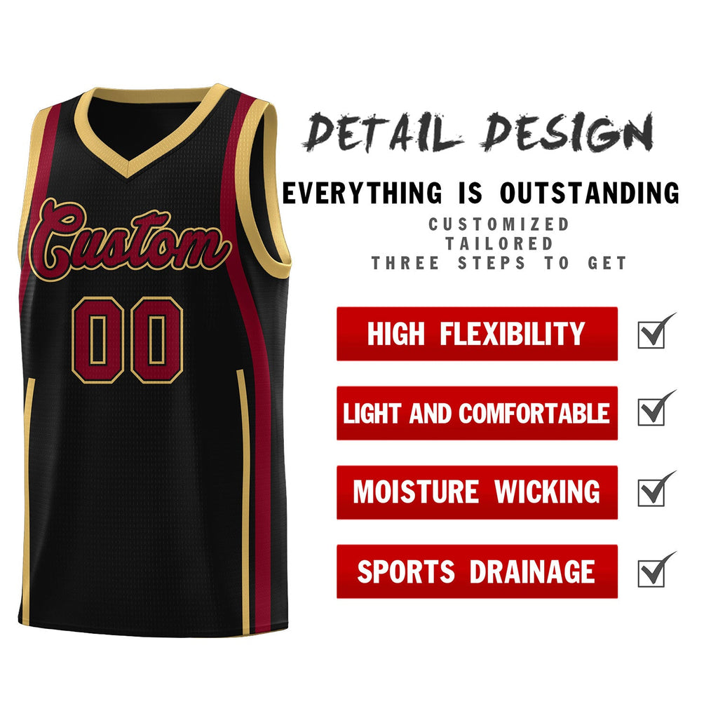 Custom Black Crimson-Old Gold Ribbon Pattern Basketball Kits