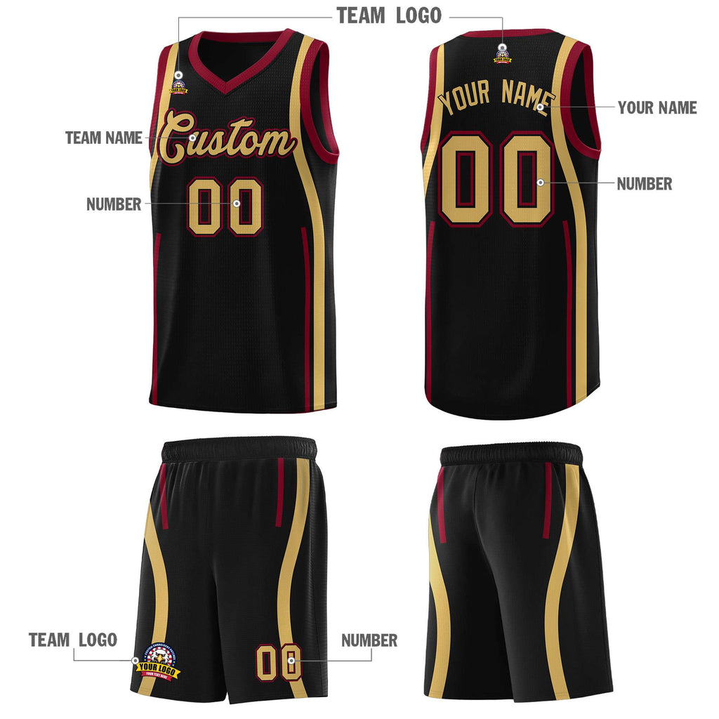 Custom Black Crimson-Old Gold Ribbon Pattern Basketball Kits