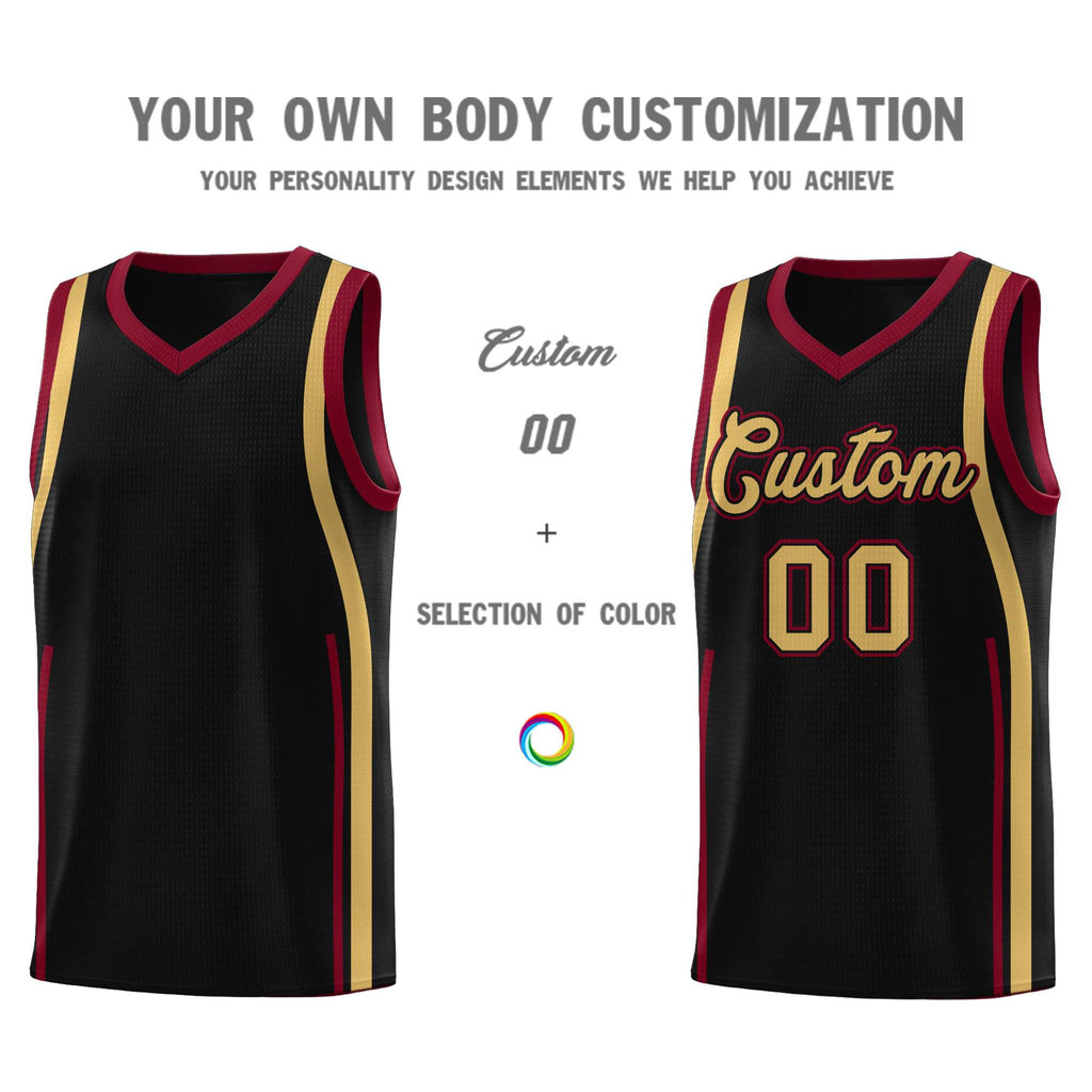 Custom Black Crimson-Old Gold Ribbon Pattern Basketball Kits