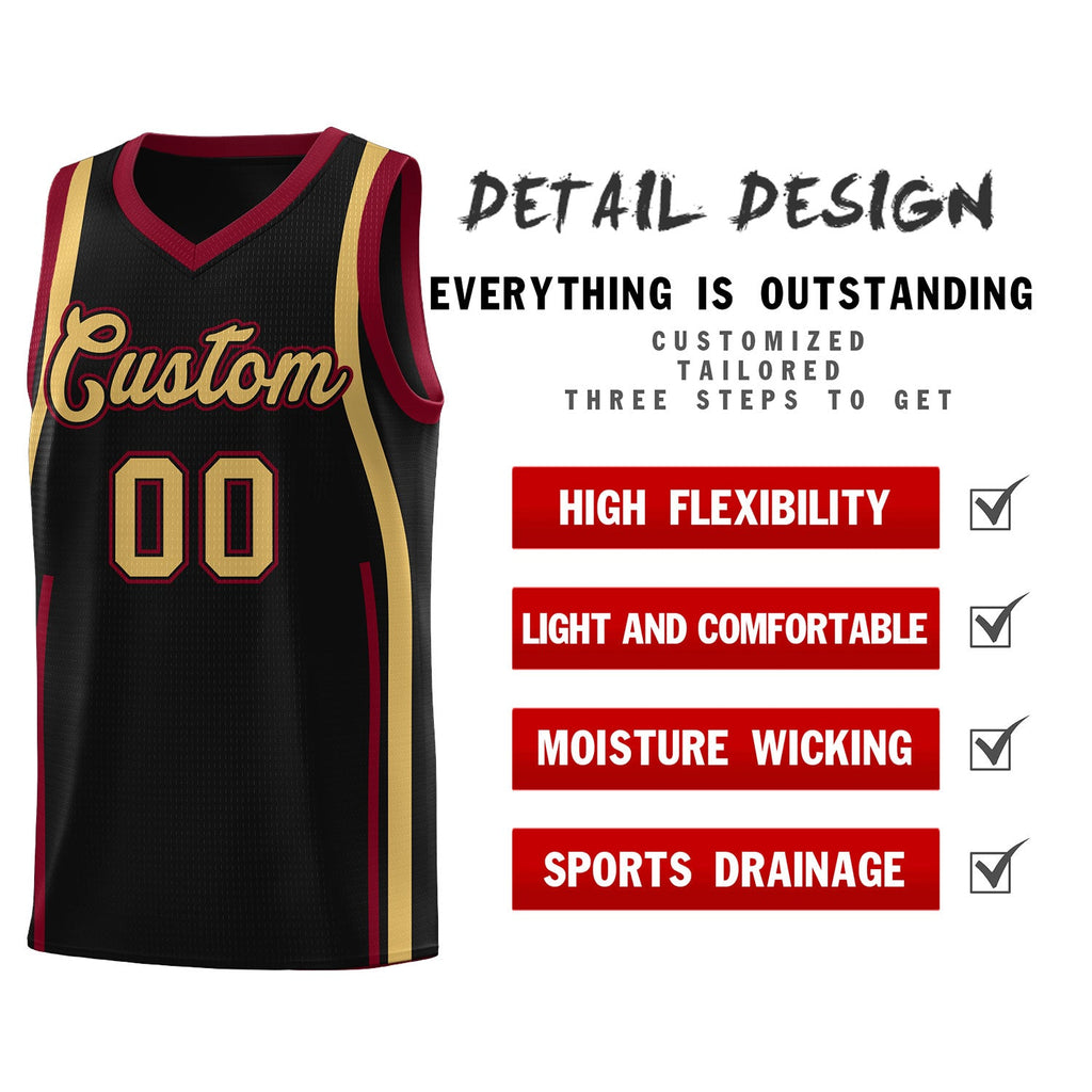 Custom Black Crimson-Old Gold Ribbon Pattern Basketball Kits
