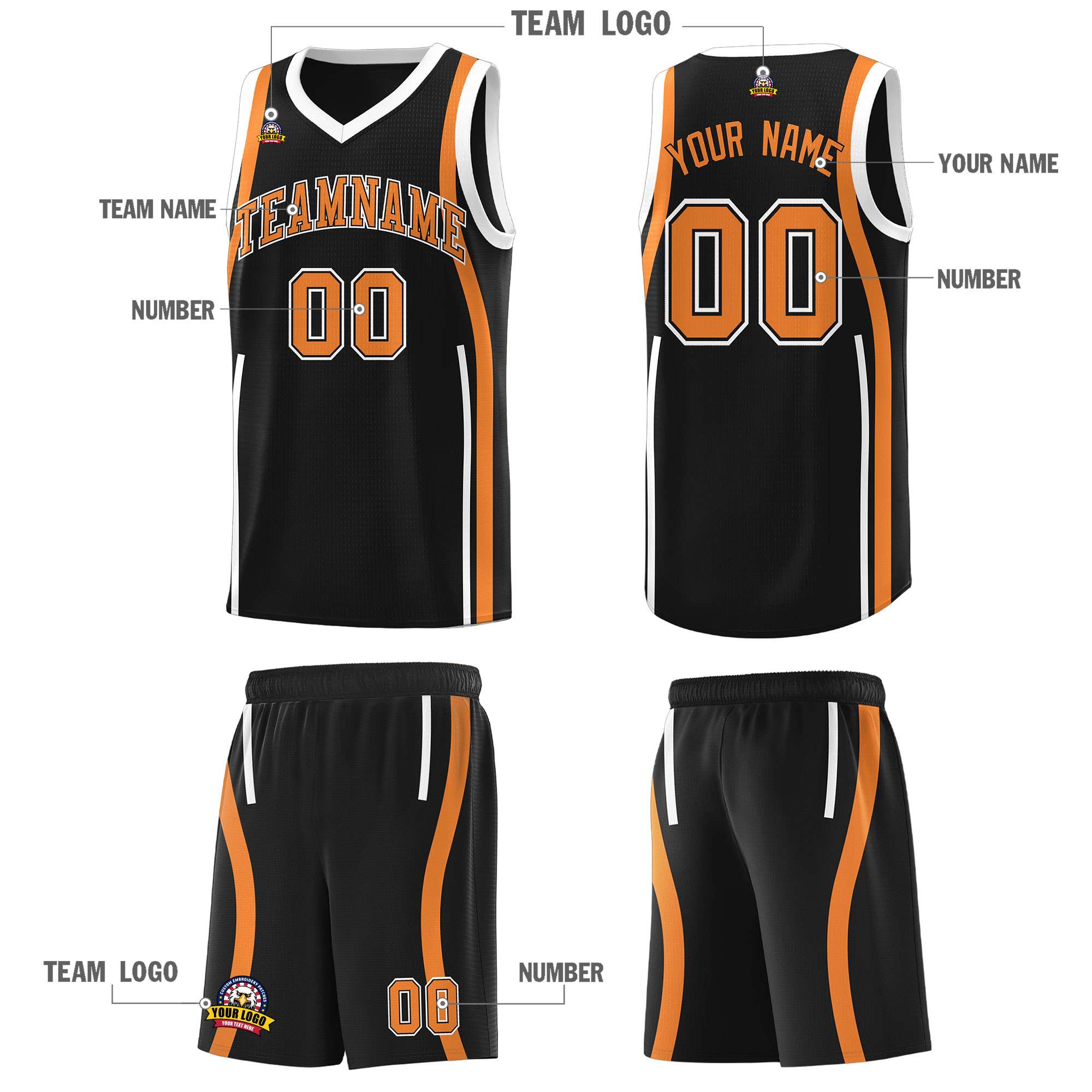Custom Black Gold Orange-White Ribbon Pattern Basketball Kits