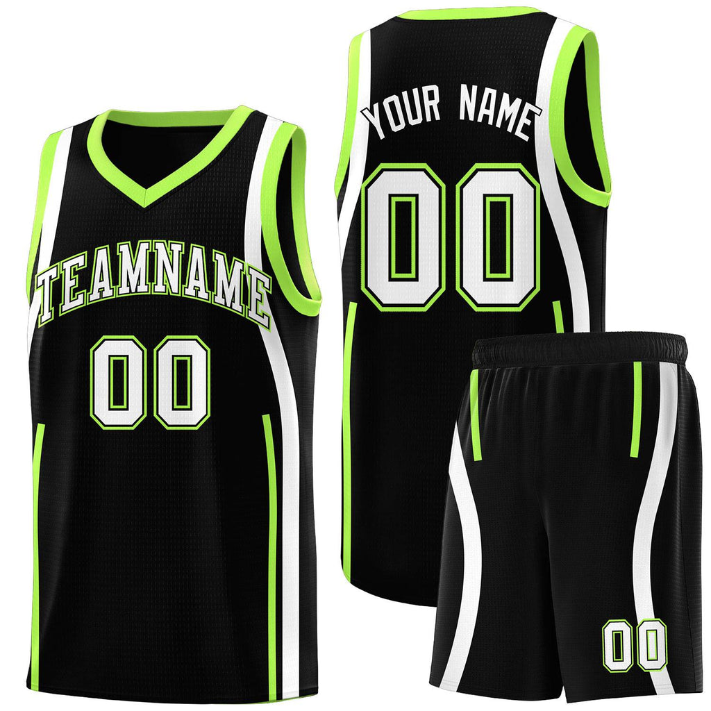 Custom Black Fluorescent Green-White Ribbon Pattern Basketball Kits