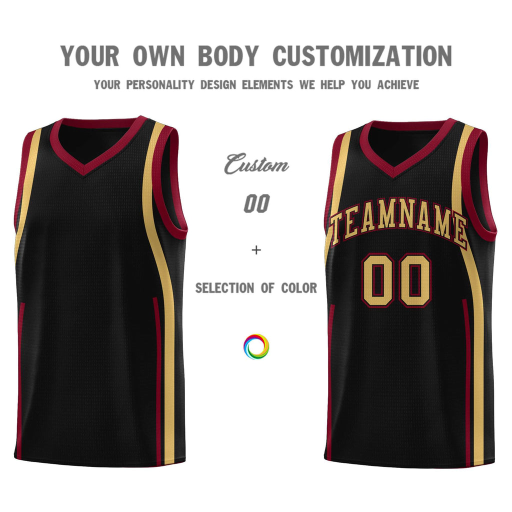 Custom Black Crimson-Old Gold Ribbon Pattern Basketball Kits
