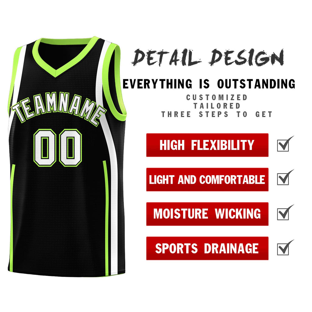 Custom Black Fluorescent Green-White Ribbon Pattern Basketball Kits