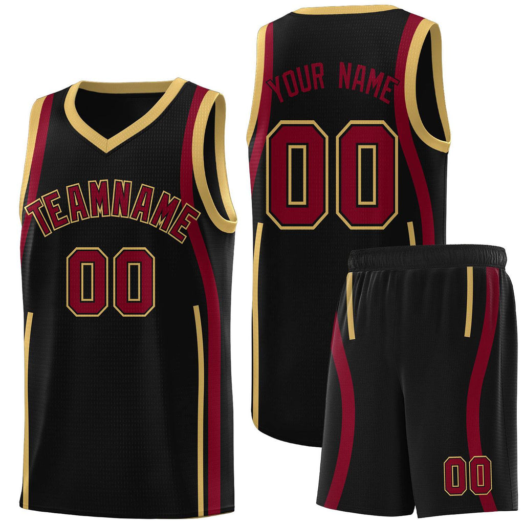 Custom Black Crimson-Old Gold Ribbon Pattern Basketball Kits