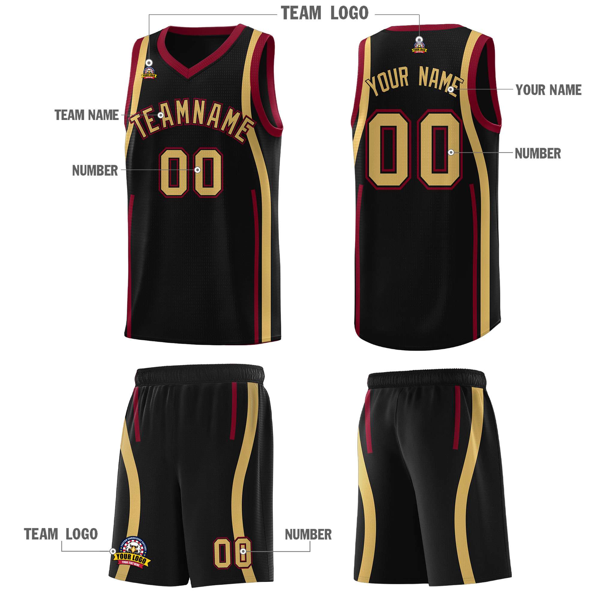 Custom Black Crimson-Old Gold Ribbon Pattern Basketball Kits