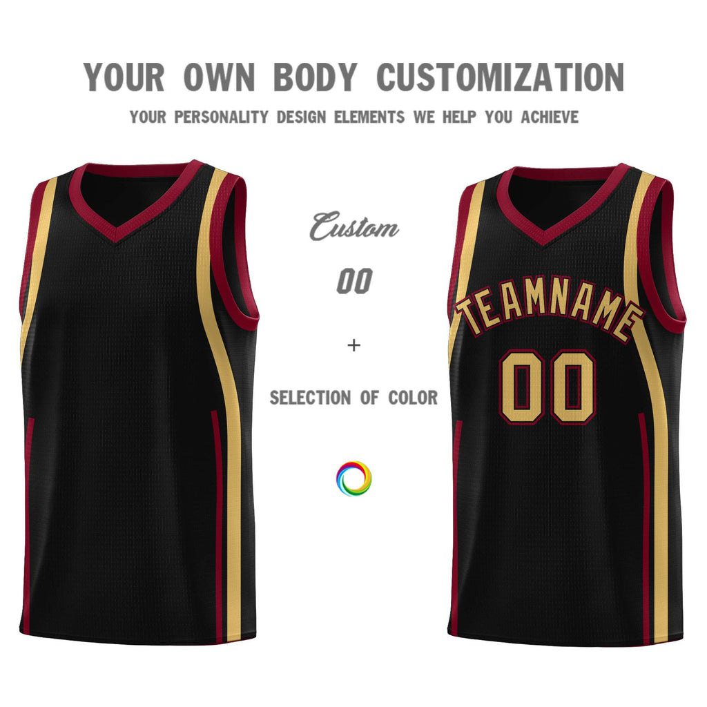 Custom Black Crimson-Old Gold Ribbon Pattern Basketball Kits